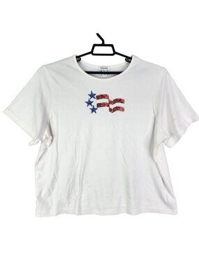 Womens Hampshire Studio White T Shirt Red & Blue Sequence American Flag Size 2X